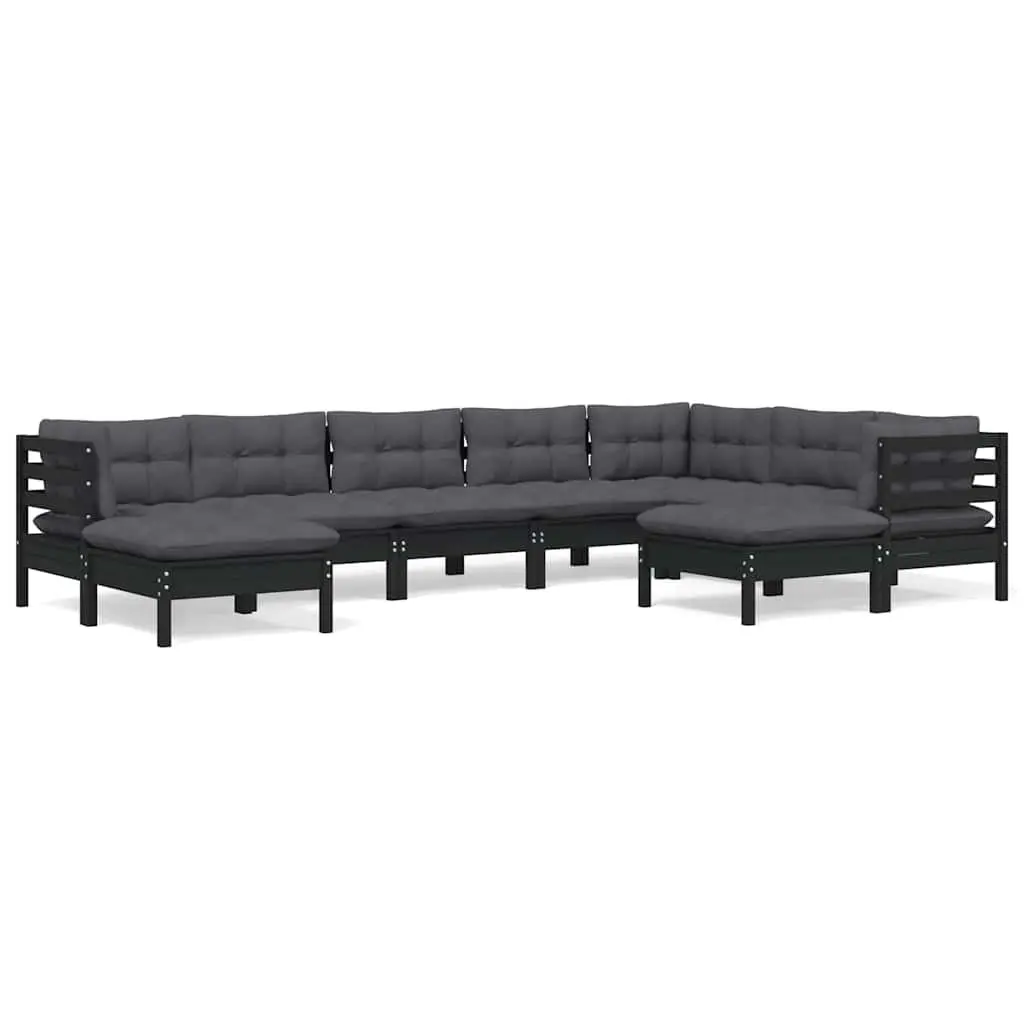 9PieceModularGardenLoungeSetOutdoorPatioFurnitureSolidPinewoodwithCushionsBlack