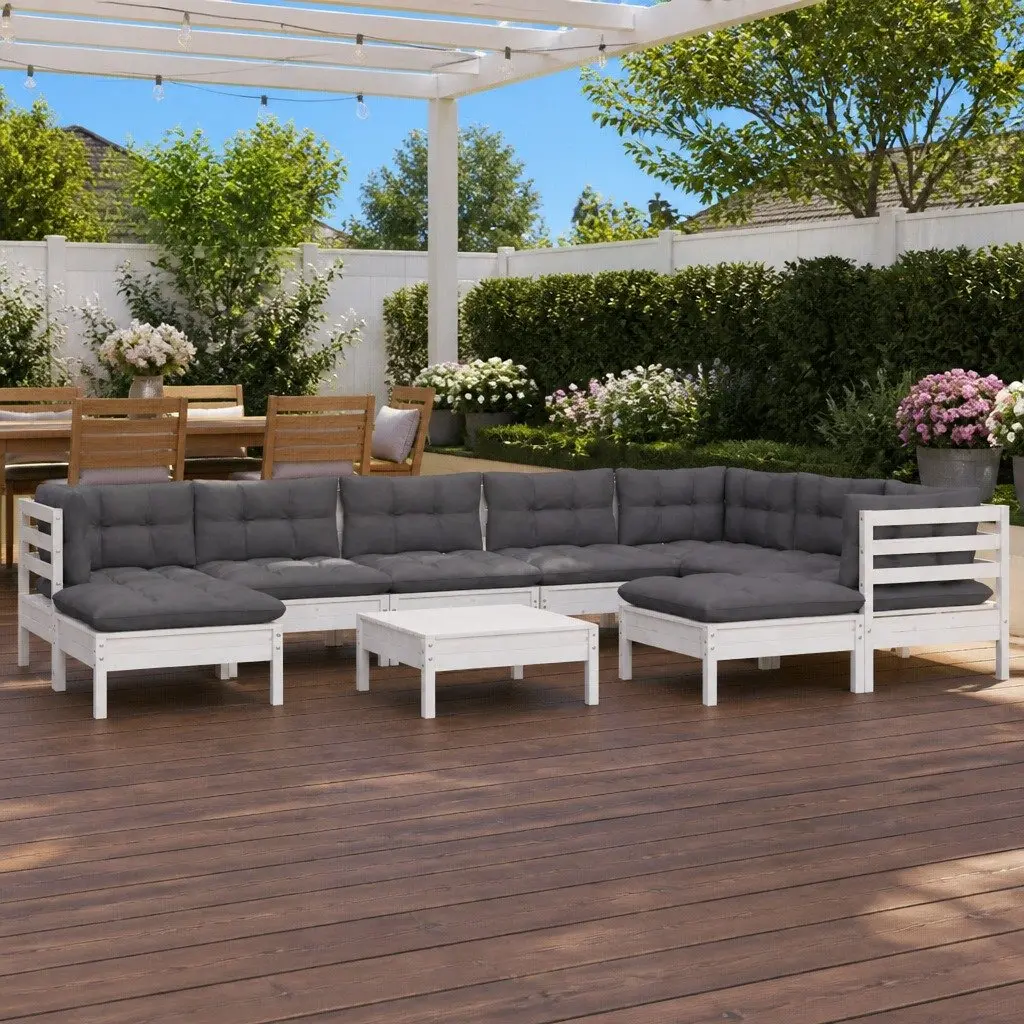 10 Piece Modular Outdoor Lounge Set White Solid Pinewood with Cushions