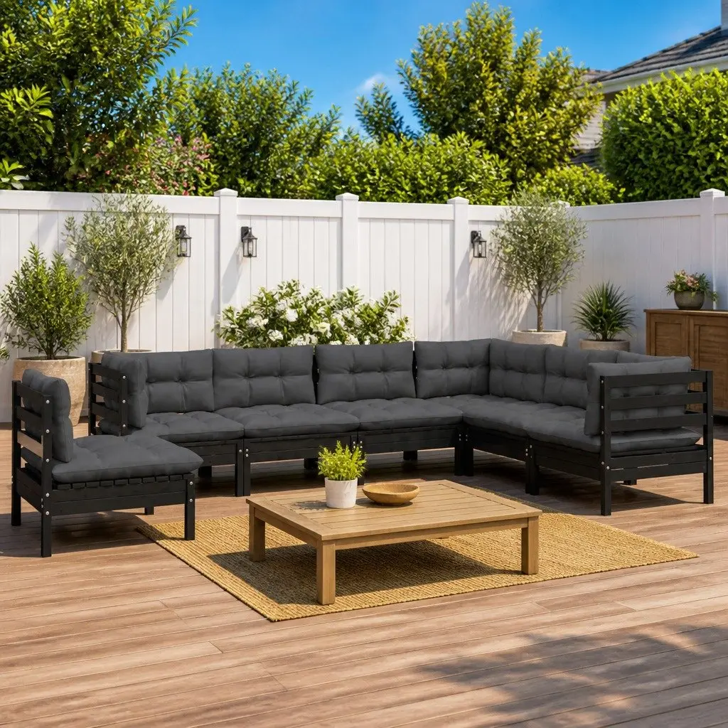 7 Piece Garden Lounge Set with Cushions Black Solid Pinewood Outdoor Patio