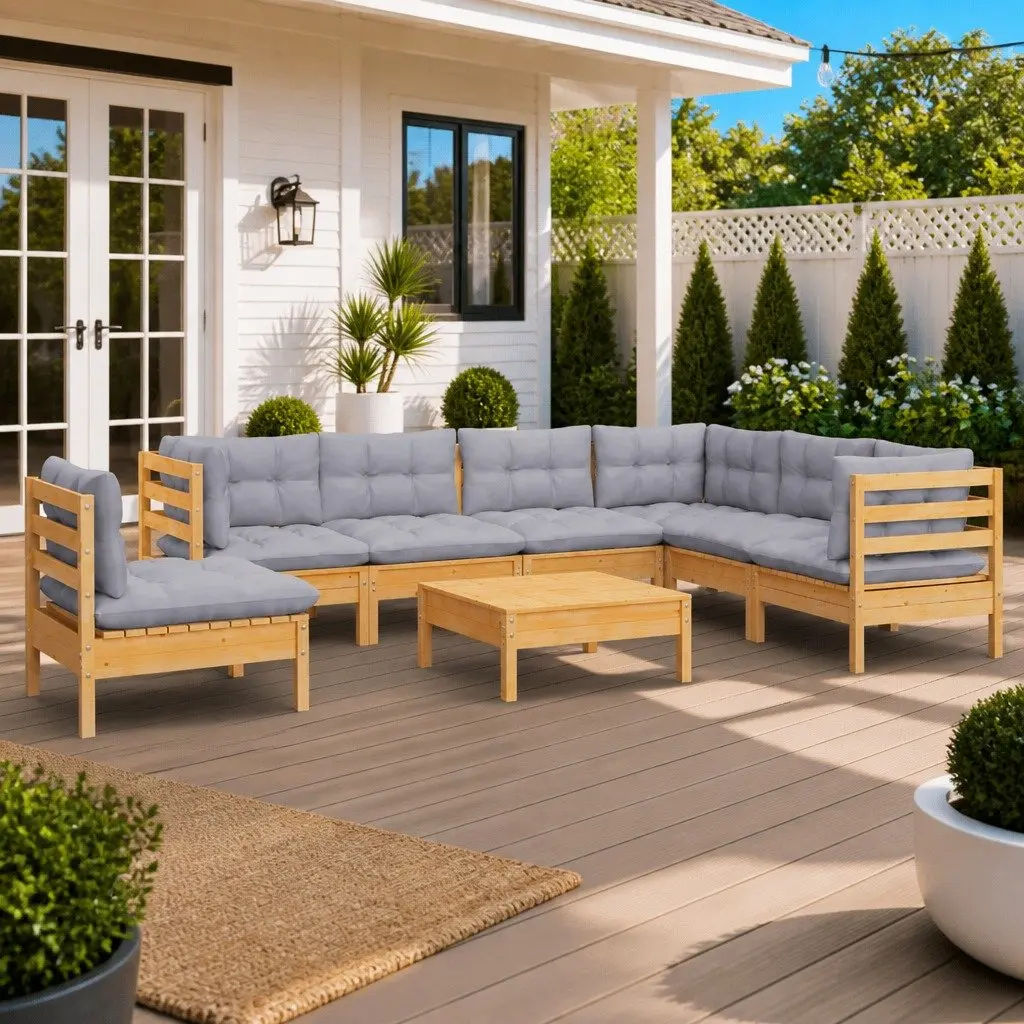 8 Piece Modular Garden Lounge Set Solid Pinewood Grey Cushions Outdoor Patio Furniture