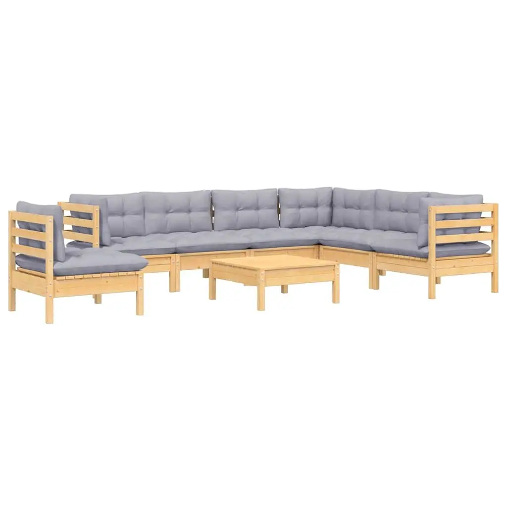 8 Piece Modular Garden Lounge Set Solid Pinewood Grey Cushions Outdoor Patio Furniture