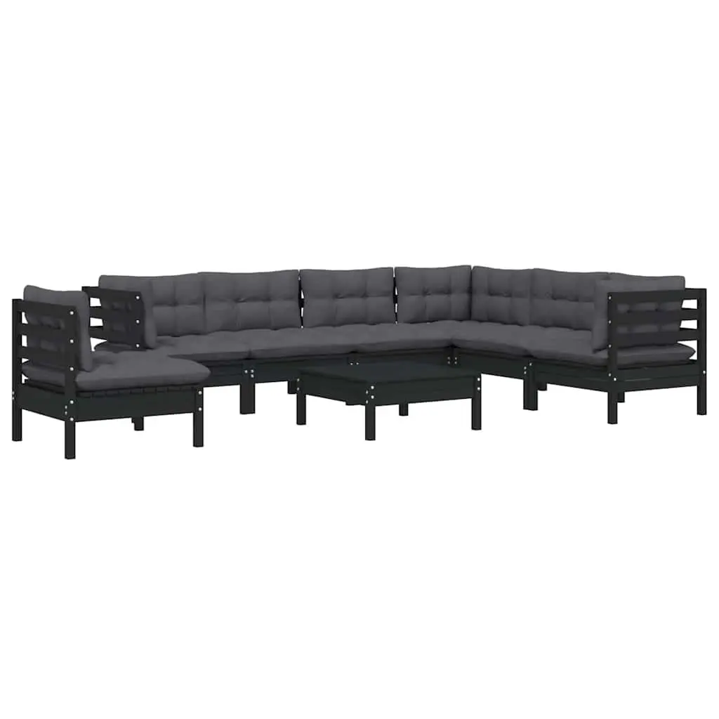 Garden Lounge Set Solid Pinewood 8 Piece Modular Cushioned Black