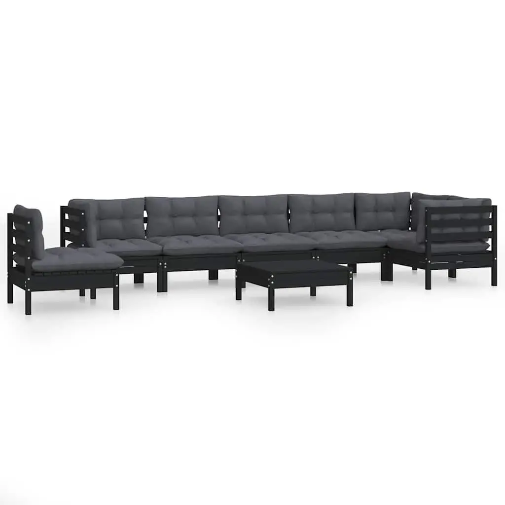Outdoor Lounge Set Modular 9 Piece Black Pinewood Patio Furniture with Cushions