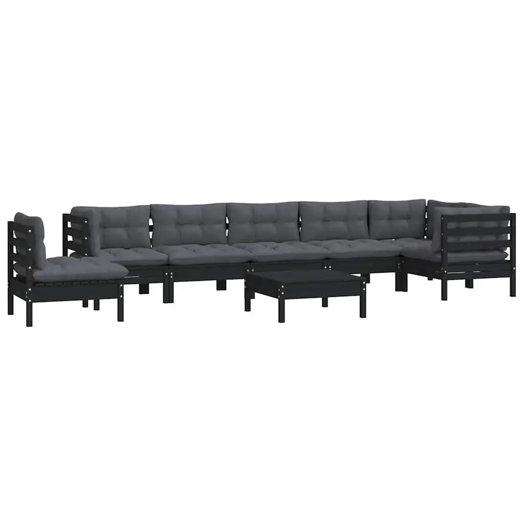 Outdoor Lounge Set Modular 9 Piece Black Pinewood Patio Furniture with Cushions