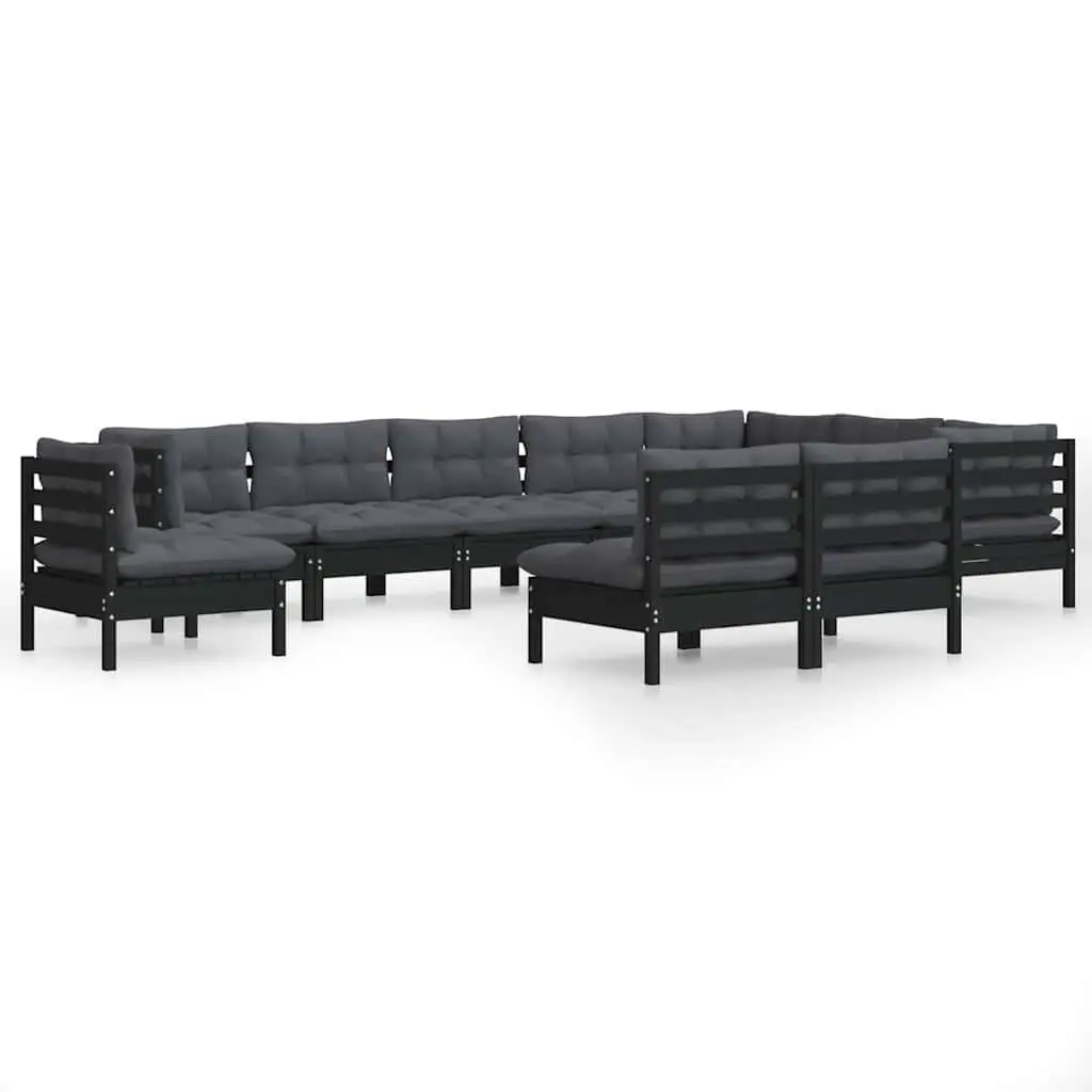 Garden Lounge Set 10 Piece Outdoor Patio Furniture with Cushions Black Pinewood
