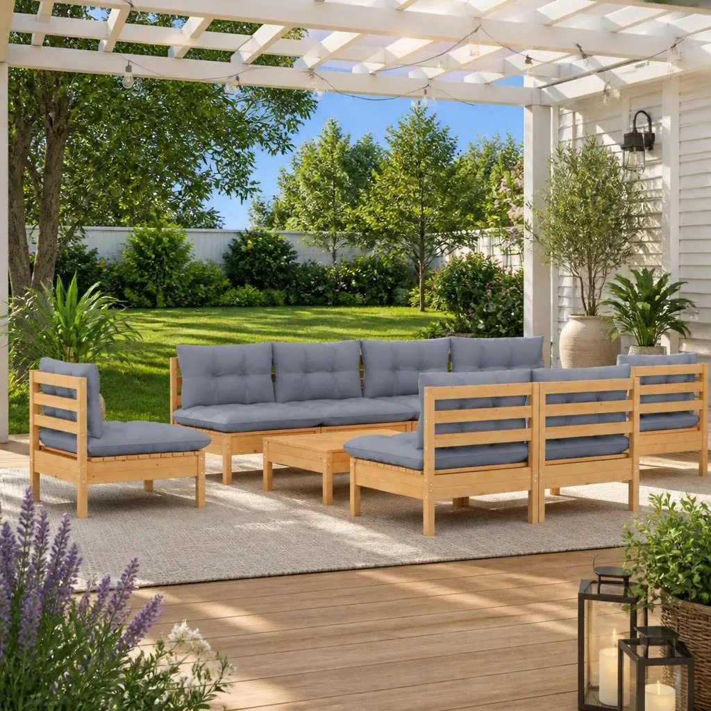 Garden Lounge Set Solid Pinewood 11 Piece Outdoor Patio Furniture Grey Cushions