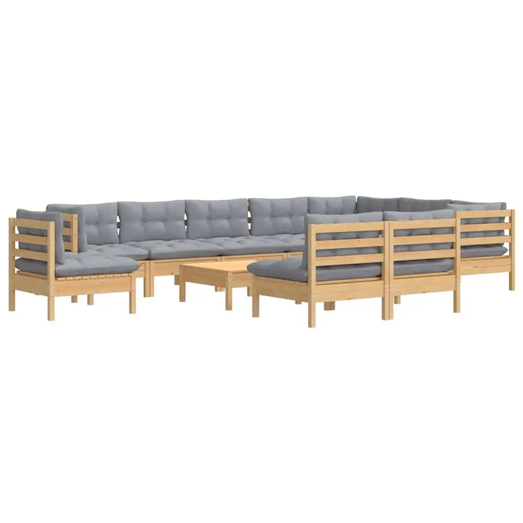 Garden Lounge Set Solid Pinewood 11 Piece Outdoor Patio Furniture Grey Cushions