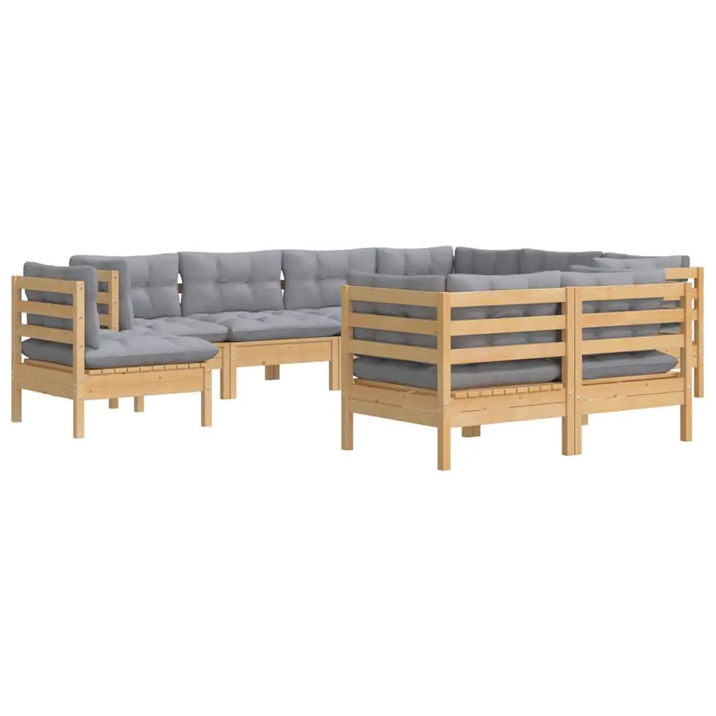 9 Piece Garden Lounge Set Solid Pinewood Grey Cushions
