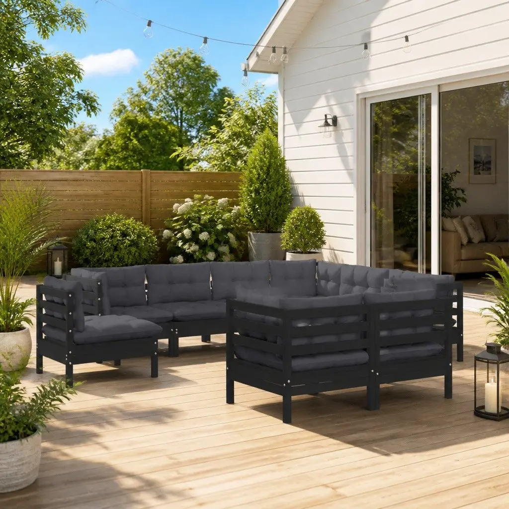 Garden Lounge Set Solid Pinewood 9 Piece Modular Outdoor Patio Furniture with Cushions Black
