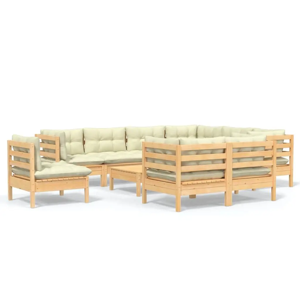 Garden Lounge Set Solid Pinewood 10 Piece Outdoor Patio Furniture Cream Cushions