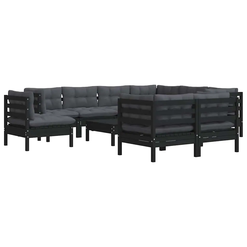 10 Piece Modular Outdoor Patio Furniture Set Solid Pinewood with Cushions Black Garden Lounge