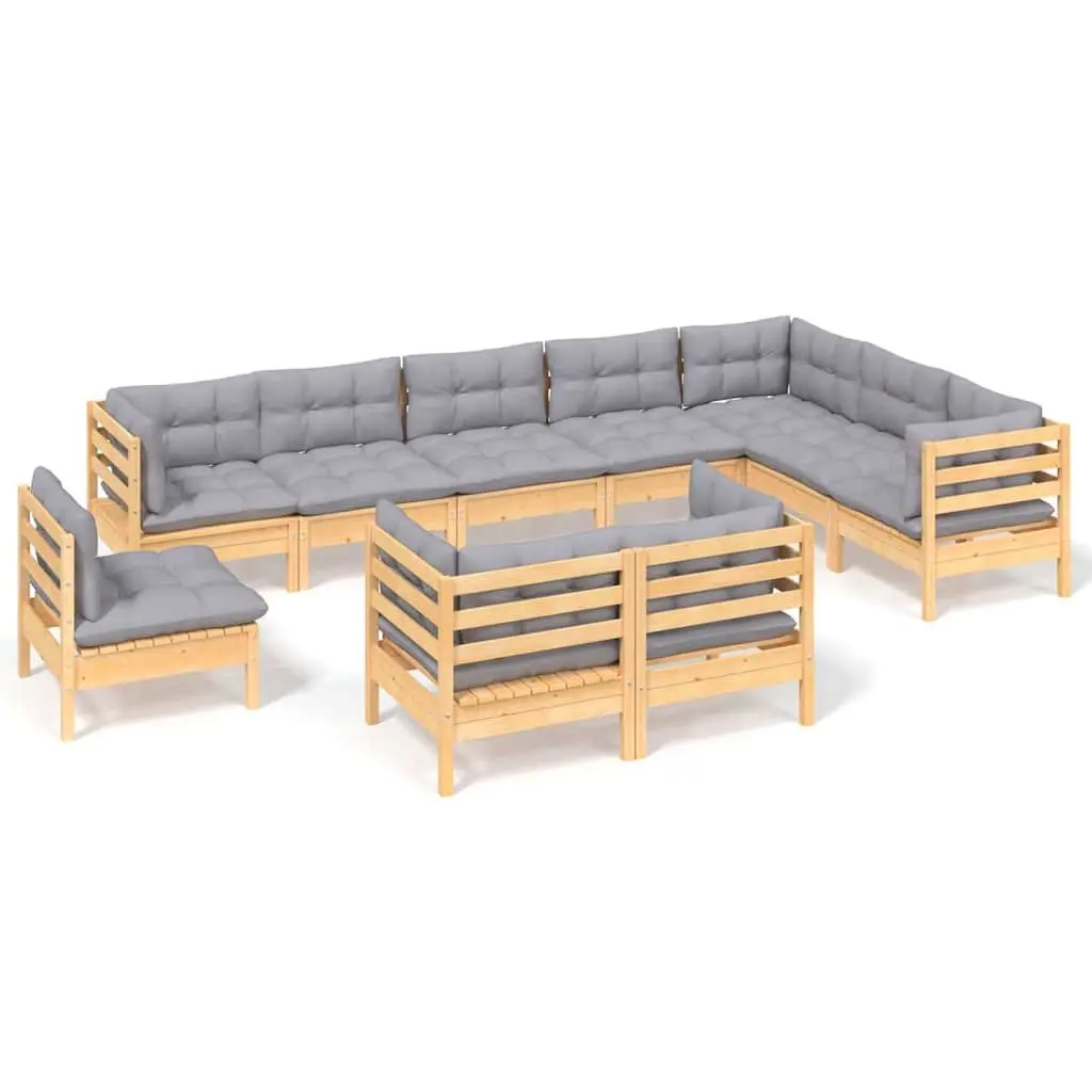 Modular Garden Lounge Set 10 Piece Solid Pinewood Outdoor Patio Furniture with Grey Cushions