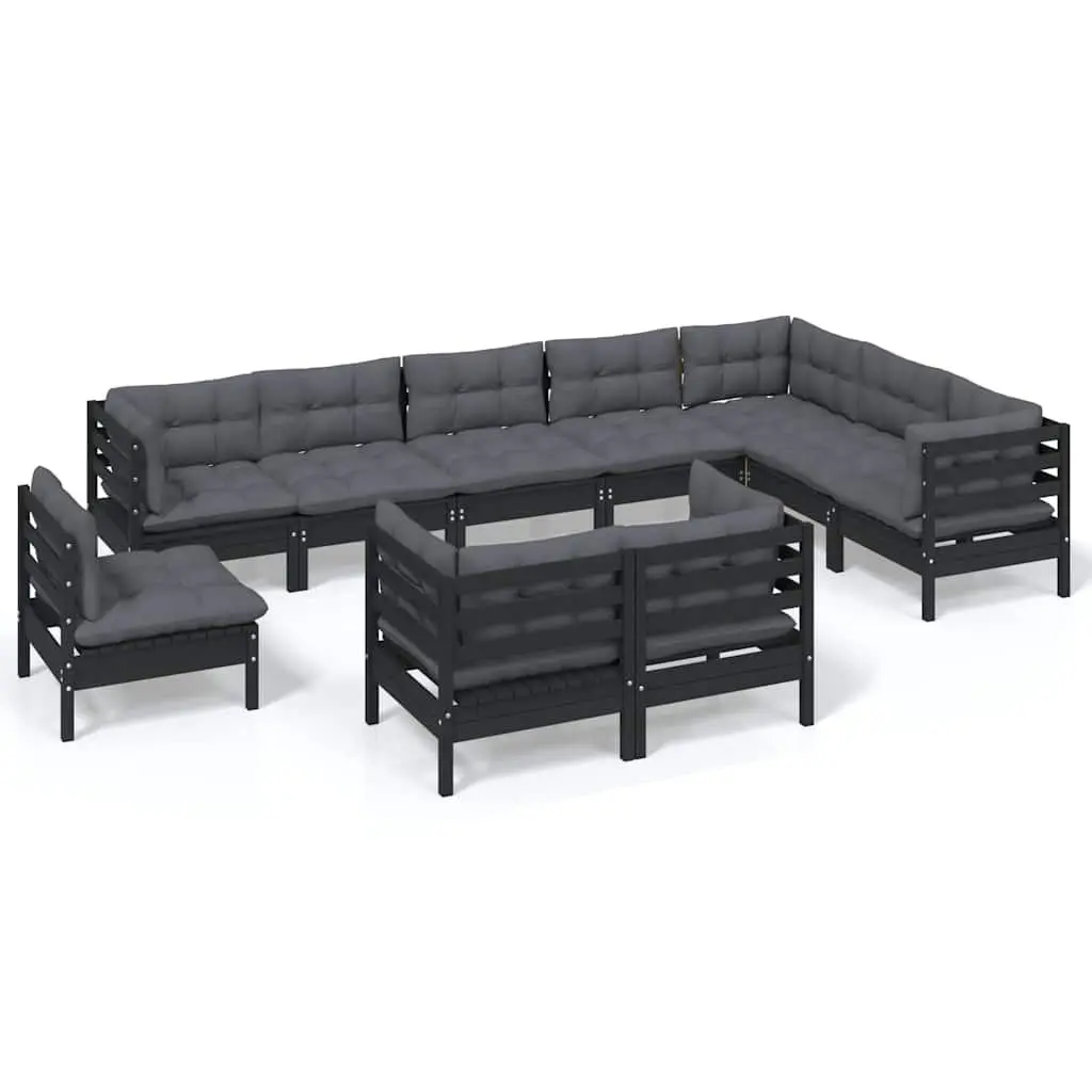 10 Piece Modular Outdoor Patio Furniture Set Solid Pinewood Black with Cushions Garden Lounge