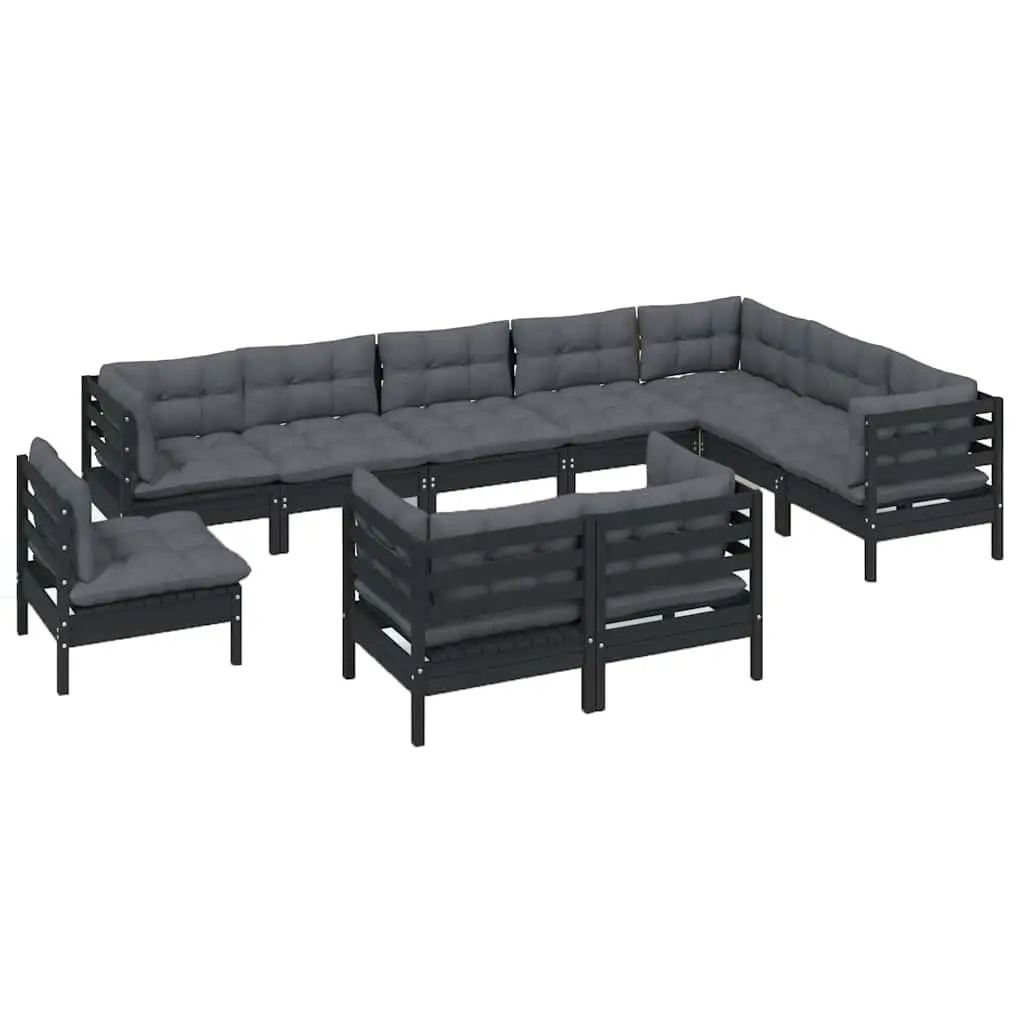 10 Piece Modular Outdoor Patio Furniture Set Solid Pinewood Black with Cushions Garden Lounge