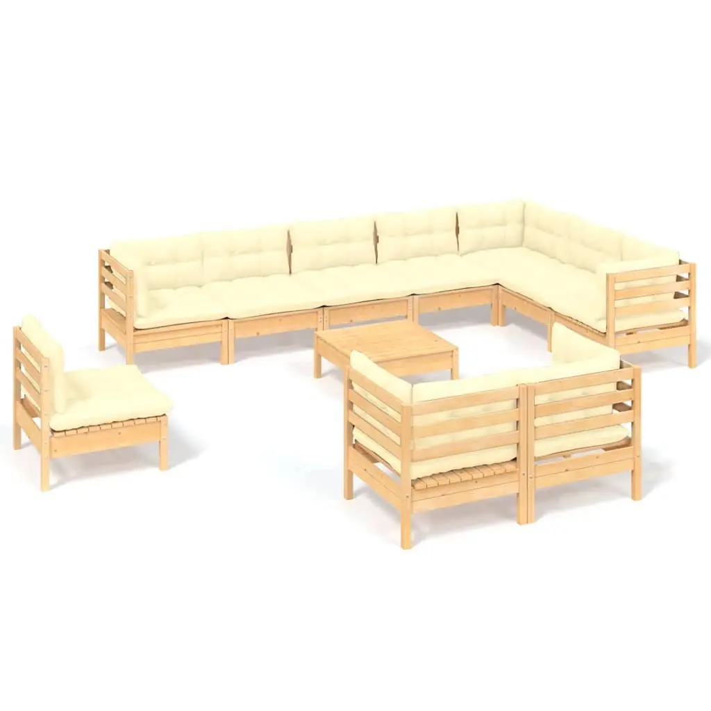 Garden Lounge Set 11 Piece Outdoor Patio Furniture Solid Pinewood Cream Cushions