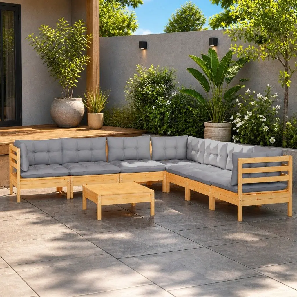 Garden Lounge Set Solid Pinewood 8 Piece Outdoor Furniture Patio Seating Grey Cushions