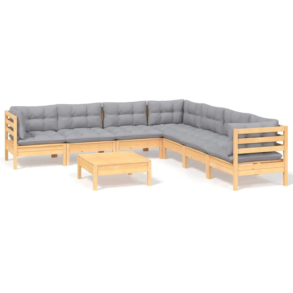 Garden Lounge Set Solid Pinewood 8 Piece Outdoor Furniture Patio Seating Grey Cushions