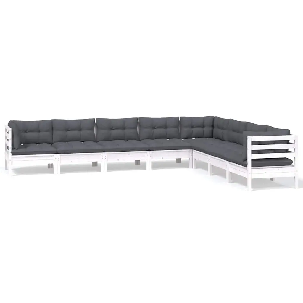 Garden Lounge Set 8 Piece White Pinewood Patio Furniture with Cushions Modular
