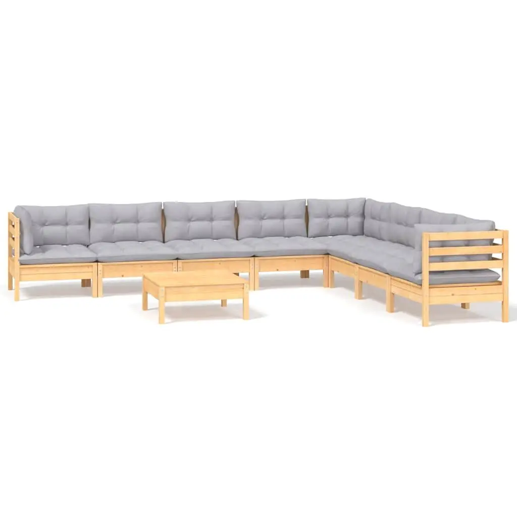 Garden Lounge Set Modular Solid Pinewood 9 Piece Outdoor Furniture Grey Cushions