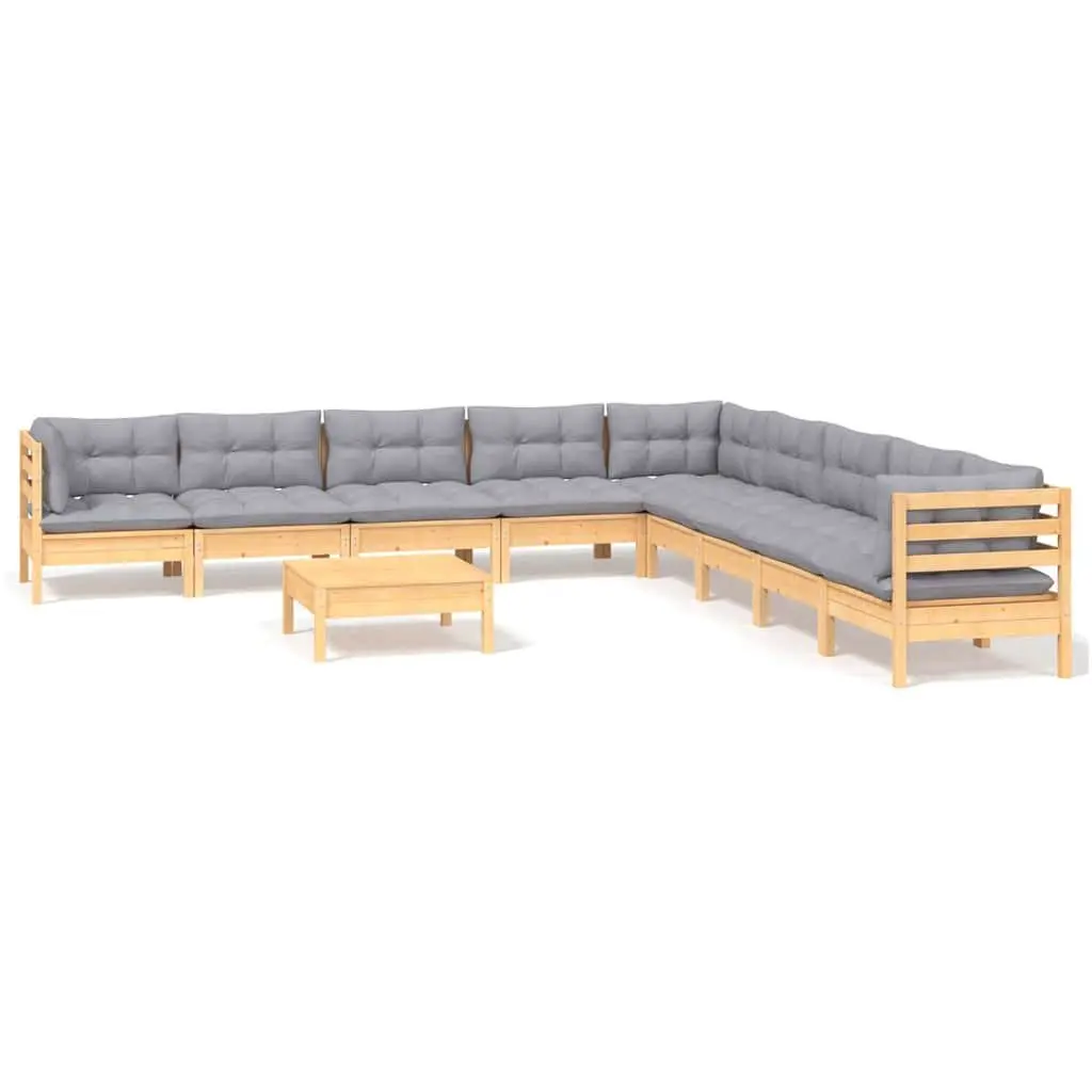 Garden Lounge Set Solid Pinewood 10 Piece Modular Outdoor Patio Furniture Grey Cushions