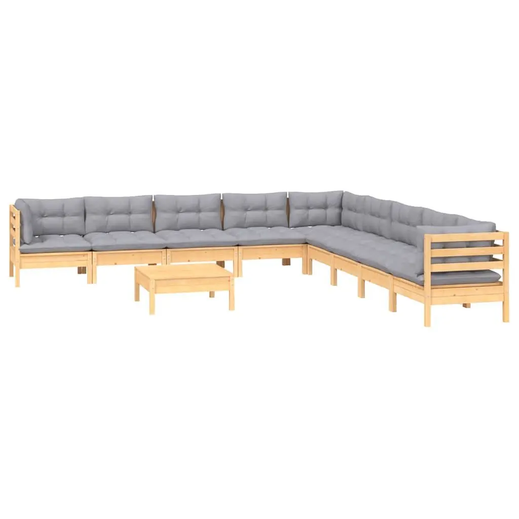 Garden Lounge Set Solid Pinewood 10 Piece Modular Outdoor Patio Furniture Grey Cushions