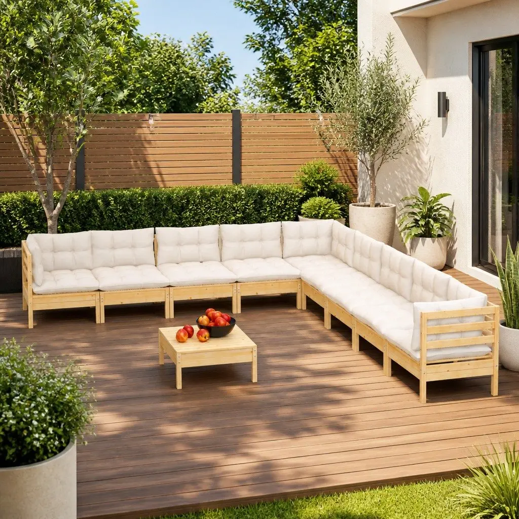 10 Piece Outdoor Modular Seating Set Garden Lounge Cream Cushions Solid Pinewood Construction