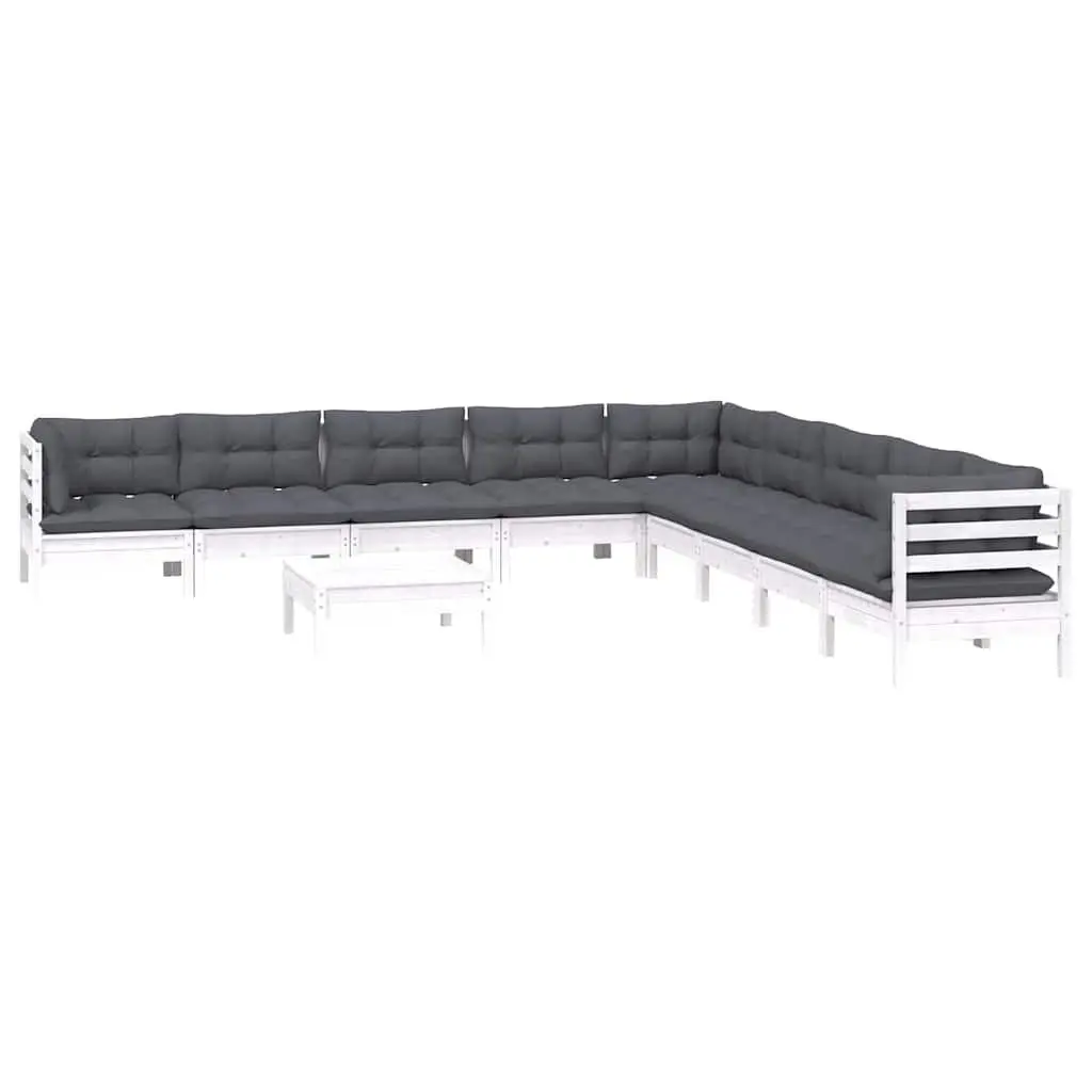 Garden Lounge Set Solid Pinewood 10 Piece White Outdoor Patio Furniture Modular Cushions