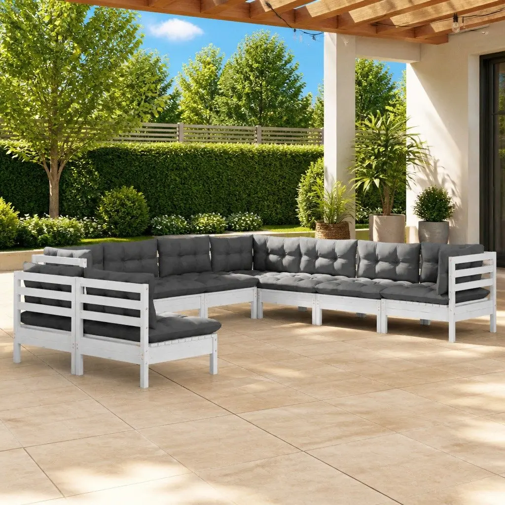 9 Piece Modular Garden Lounge Set Solid Pinewood White Patio Furniture with Cushions
