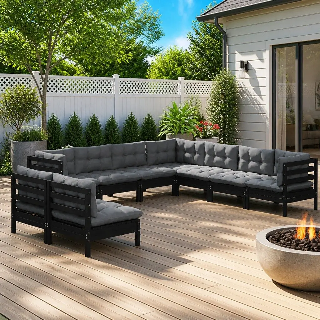 Modular Garden Lounge Set 9 Piece Black Outdoor Furniture Cushions Solid Pinewood