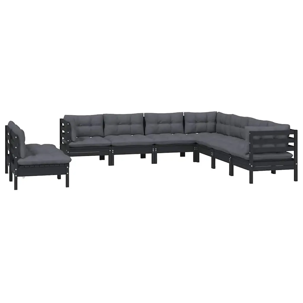 Modular Garden Lounge Set 9 Piece Black Outdoor Furniture Cushions Solid Pinewood