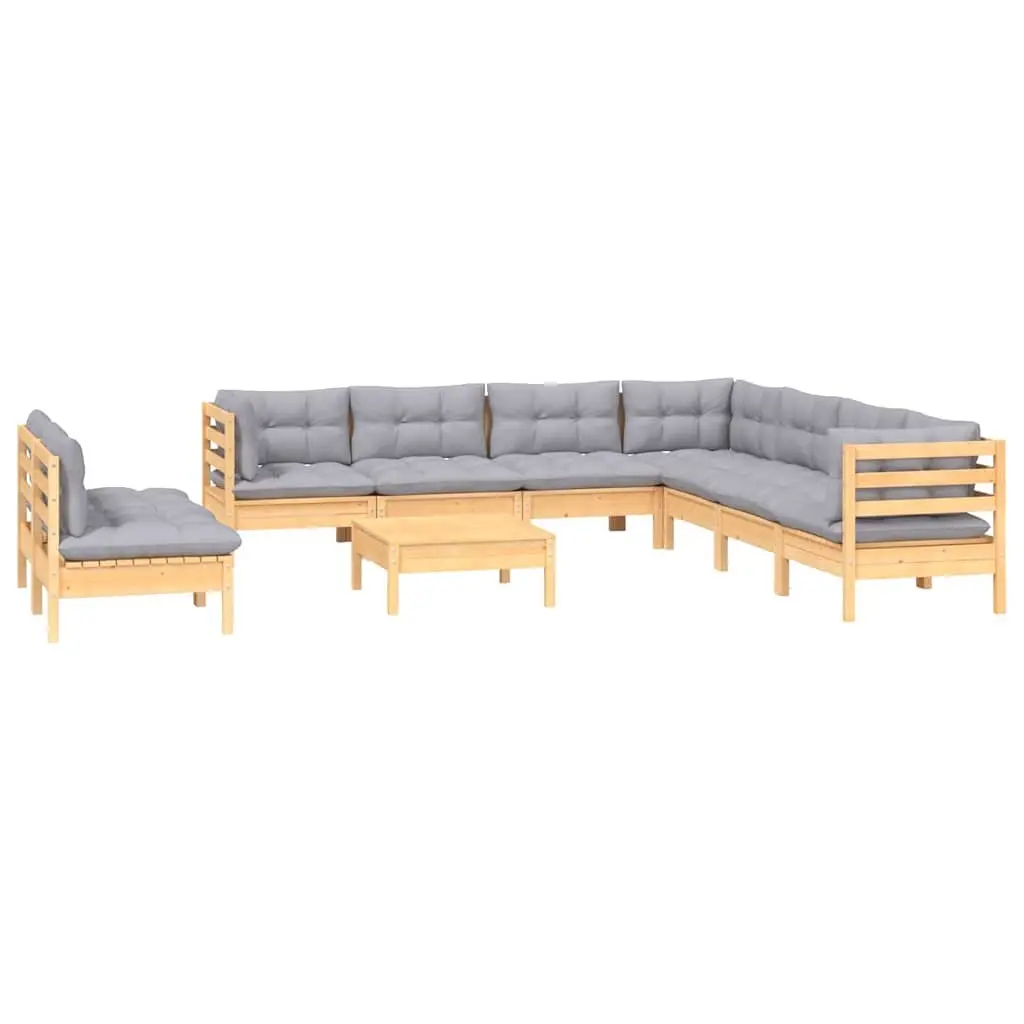 Garden Lounge Set Solid Pinewood 10 Piece Outdoor Furniture Patio Sectional Grey Cushions