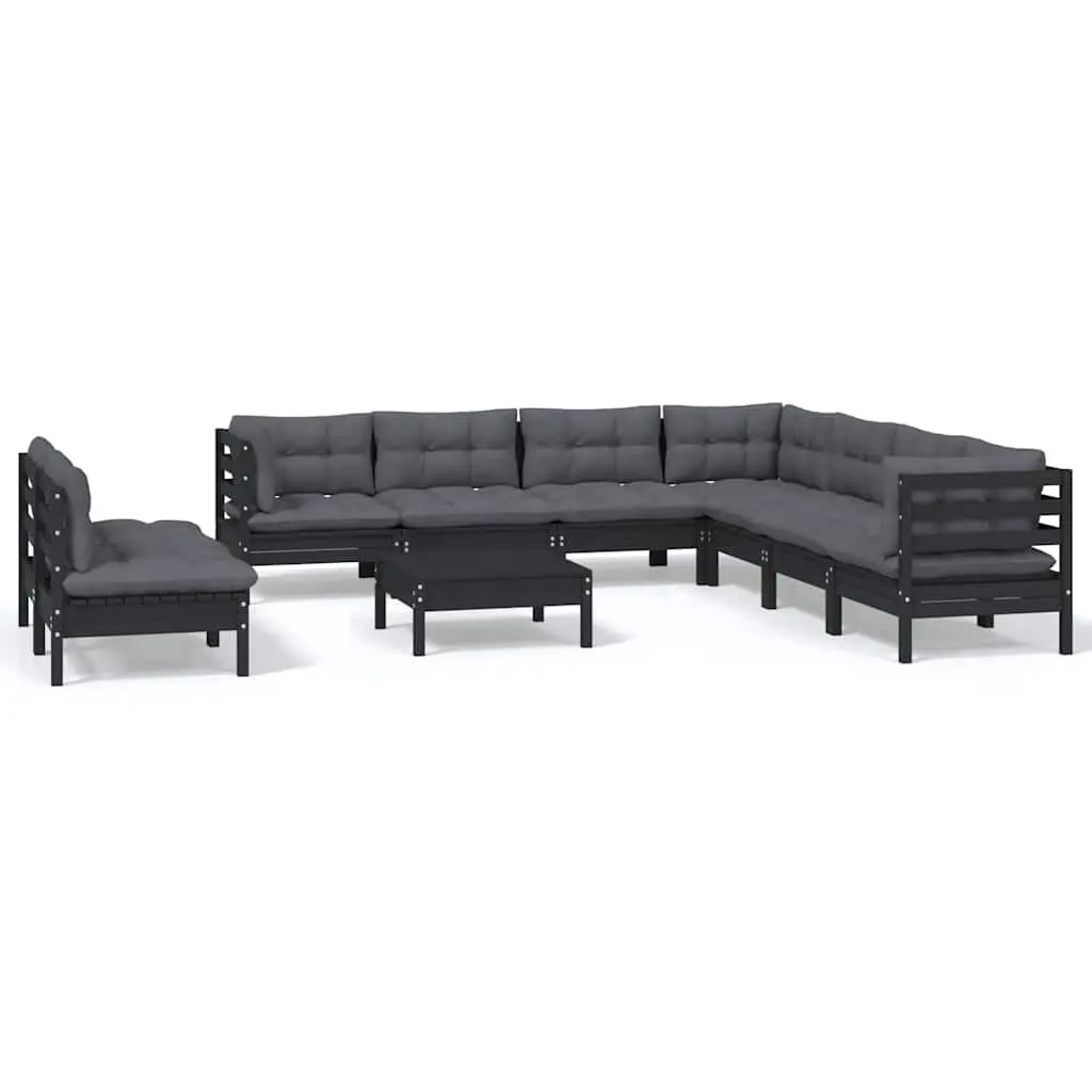 10 Piece Garden Lounge Set with Cushions Black Solid Pinewood Outdoor Patio