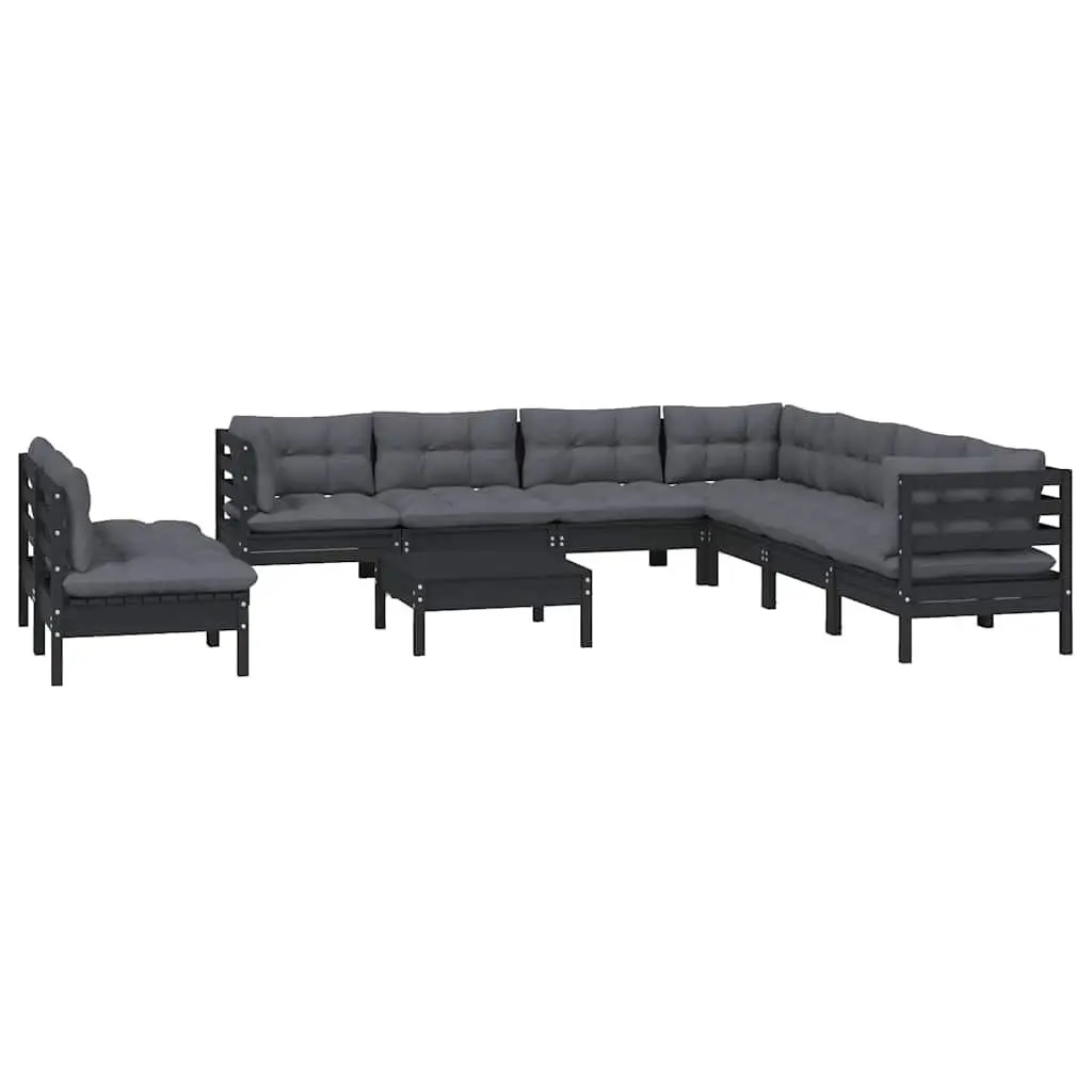 10 Piece Garden Lounge Set with Cushions Black Solid Pinewood Outdoor Patio