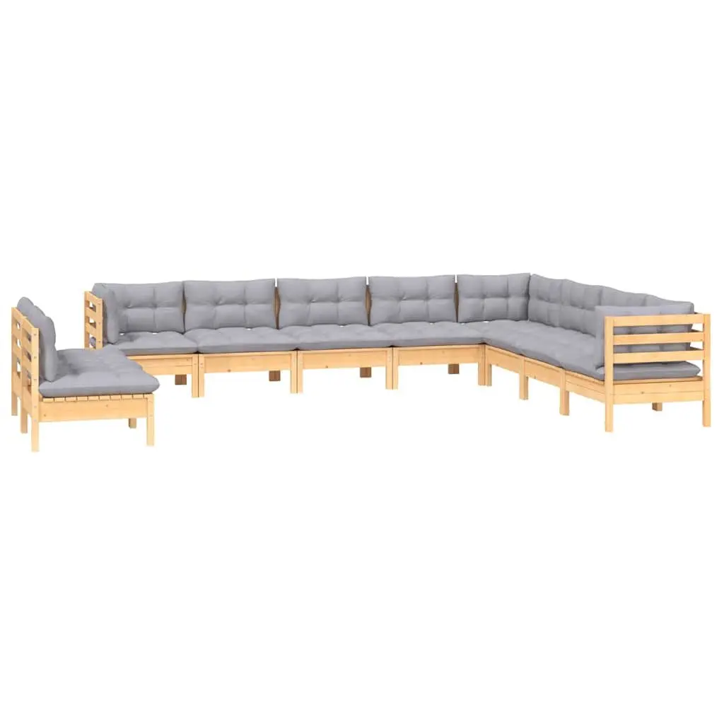 Garden Lounge Set Solid Pinewood 10 Piece Outdoor Patio Furniture with Grey Cushions Modular