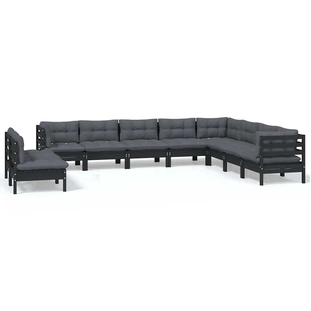 10PieceBlackModularGardenLoungeSetOutdoorFurnitureSolidPinewoodwithCushions