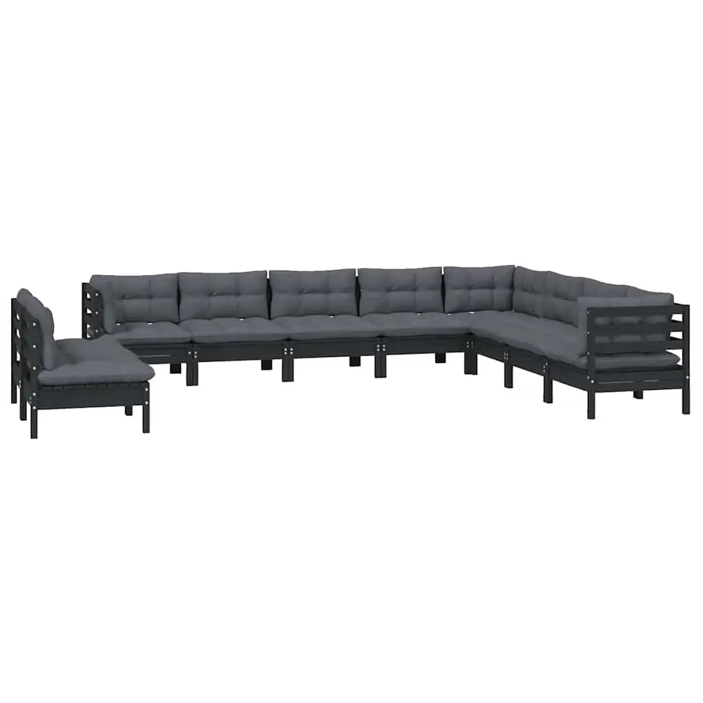 10PieceBlackModularGardenLoungeSetOutdoorFurnitureSolidPinewoodwithCushions