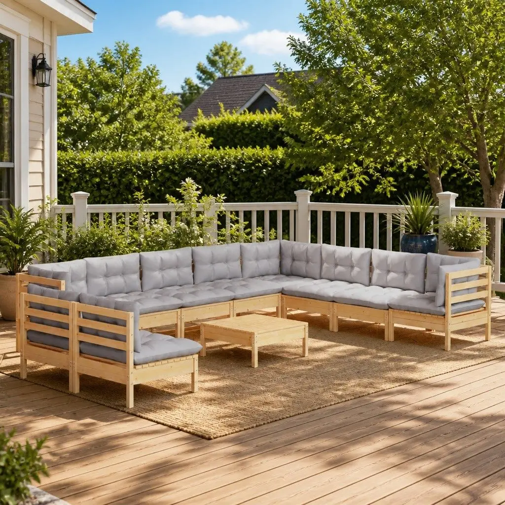 Modular Garden Lounge Set 11 Piece Solid Pinewood Outdoor Patio Furniture Grey Cushions