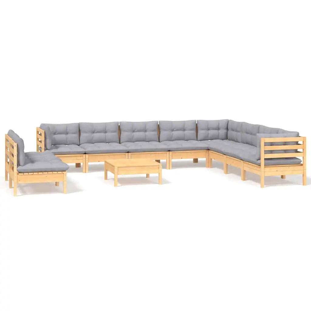 Modular Garden Lounge Set 11 Piece Solid Pinewood Outdoor Patio Furniture Grey Cushions