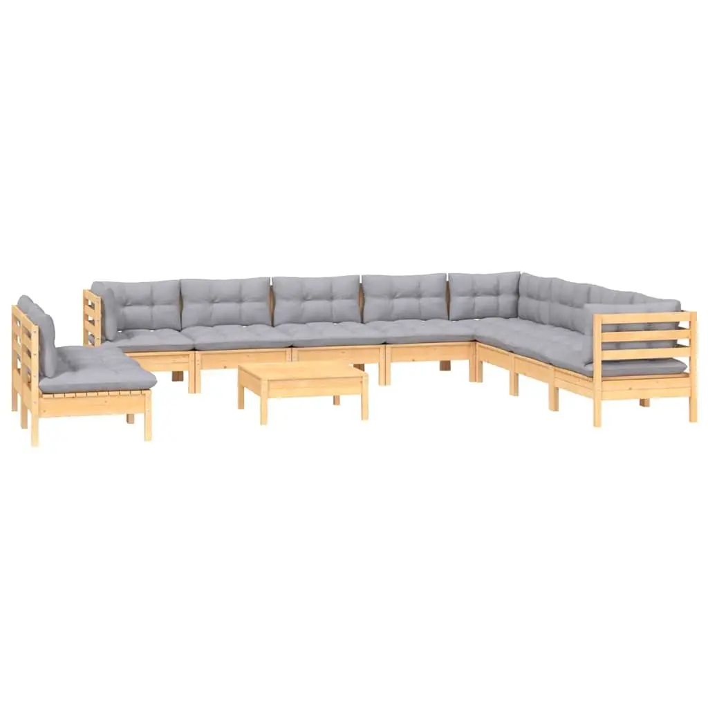 Modular Garden Lounge Set 11 Piece Solid Pinewood Outdoor Patio Furniture Grey Cushions