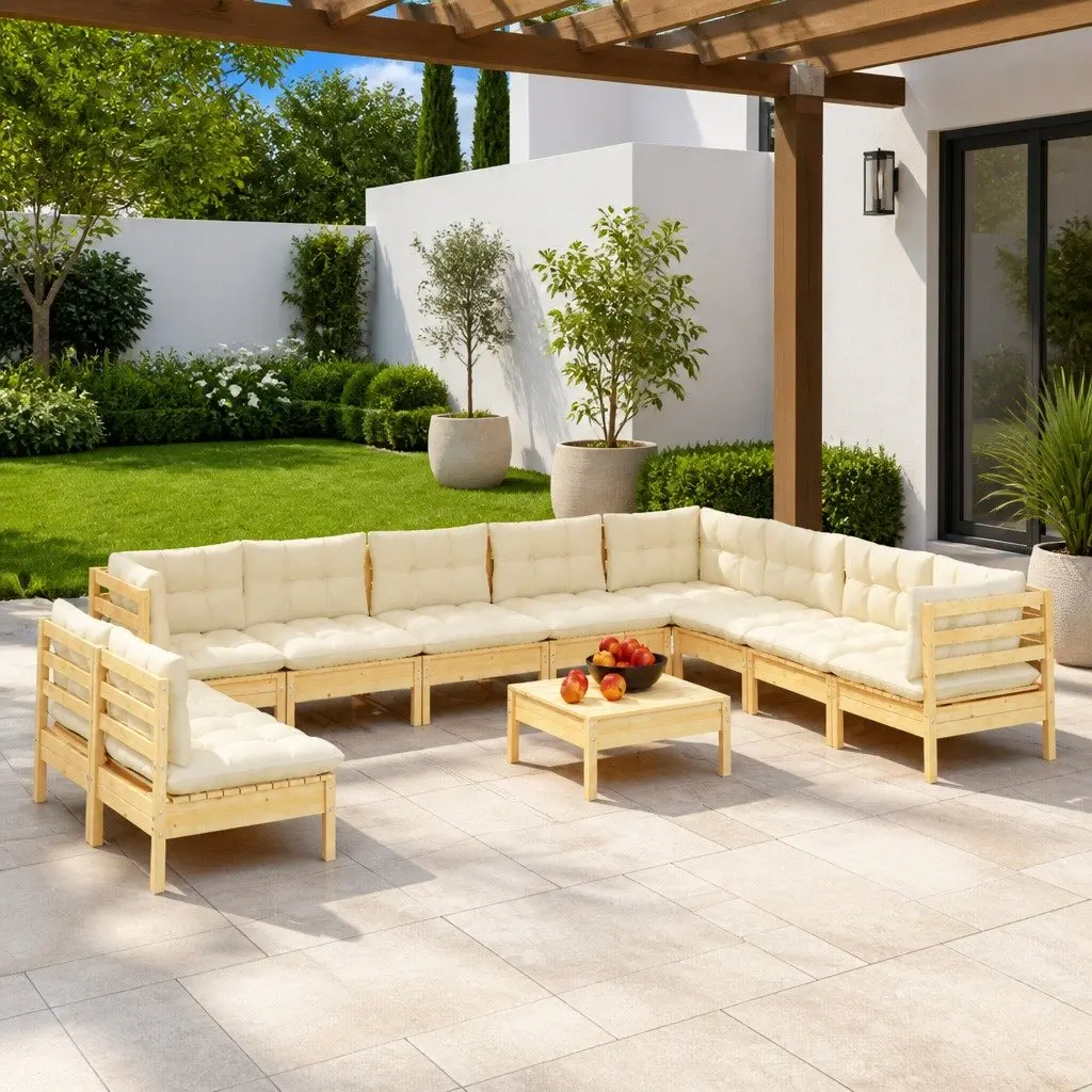 11PieceModularOutdoorLoungeSetSolidPinewoodPatioFurniturewithCreamCushions