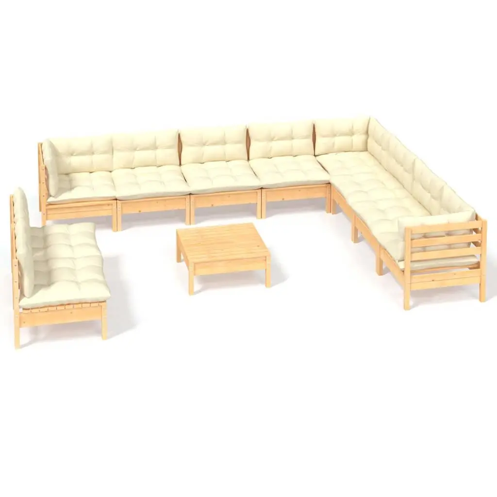 11PieceModularOutdoorLoungeSetSolidPinewoodPatioFurniturewithCreamCushions