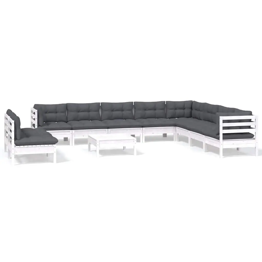 Garden Lounge Set 11 Piece White Solid Pinewood Patio Furniture with Cushions