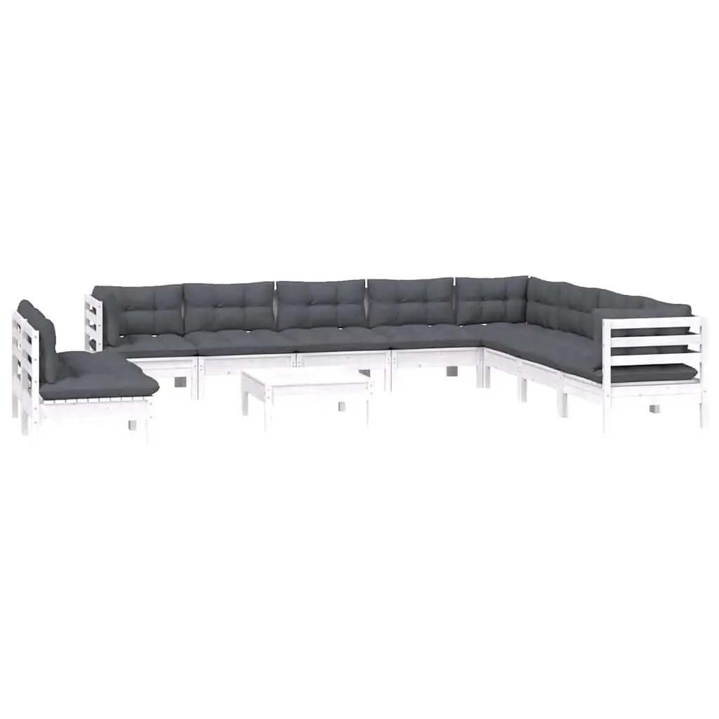 Garden Lounge Set 11 Piece White Solid Pinewood Patio Furniture with Cushions