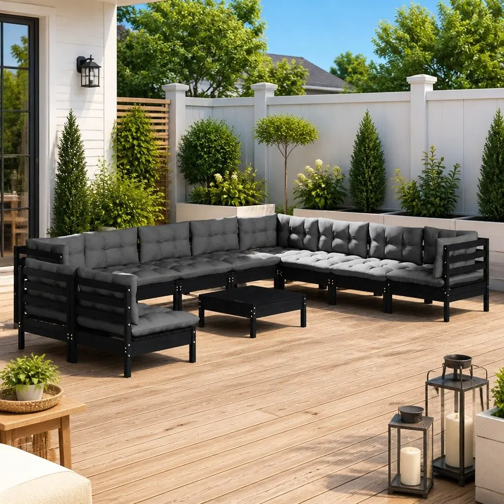 11 Piece Garden Lounge Set Solid Pinewood Modular Black Outdoor Patio Furniture