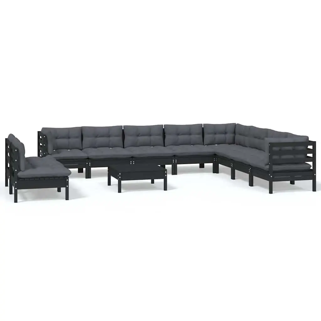 11 Piece Garden Lounge Set Solid Pinewood Modular Black Outdoor Patio Furniture