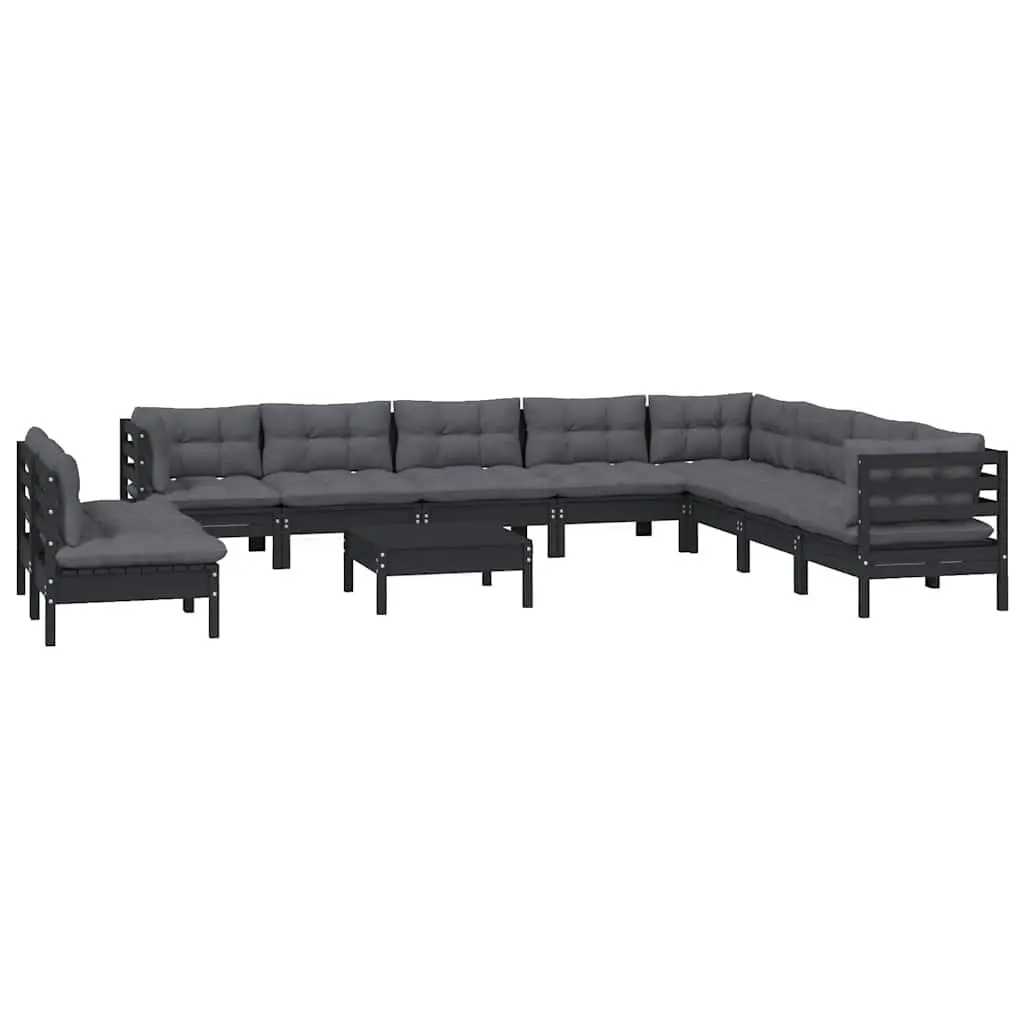 11 Piece Garden Lounge Set Solid Pinewood Modular Black Outdoor Patio Furniture