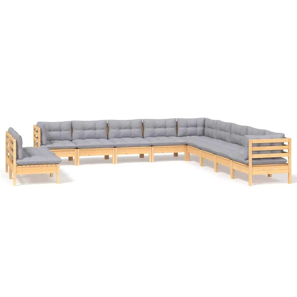 Garden Lounge Set Solid Pinewood 11 Piece Outdoor Patio Furniture Grey Cushions