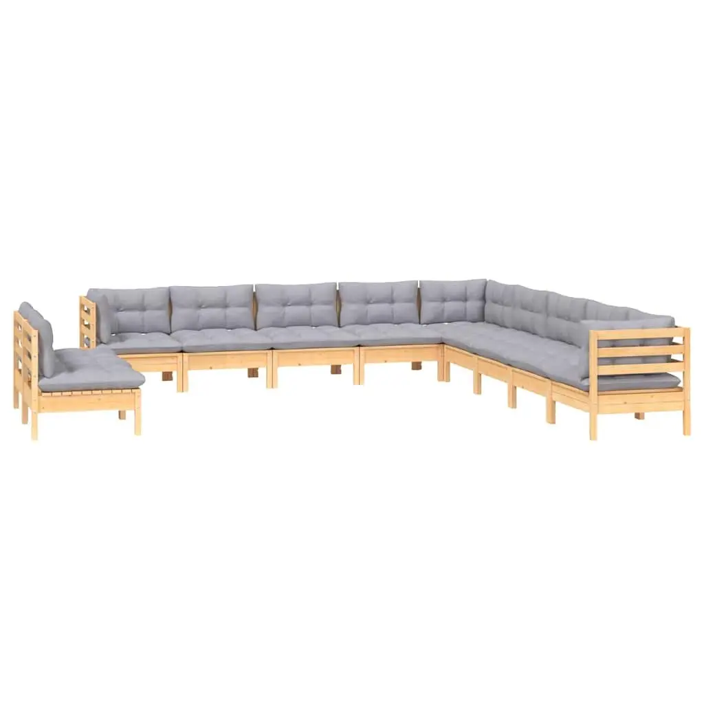 Garden Lounge Set Solid Pinewood 11 Piece Outdoor Patio Furniture Grey Cushions