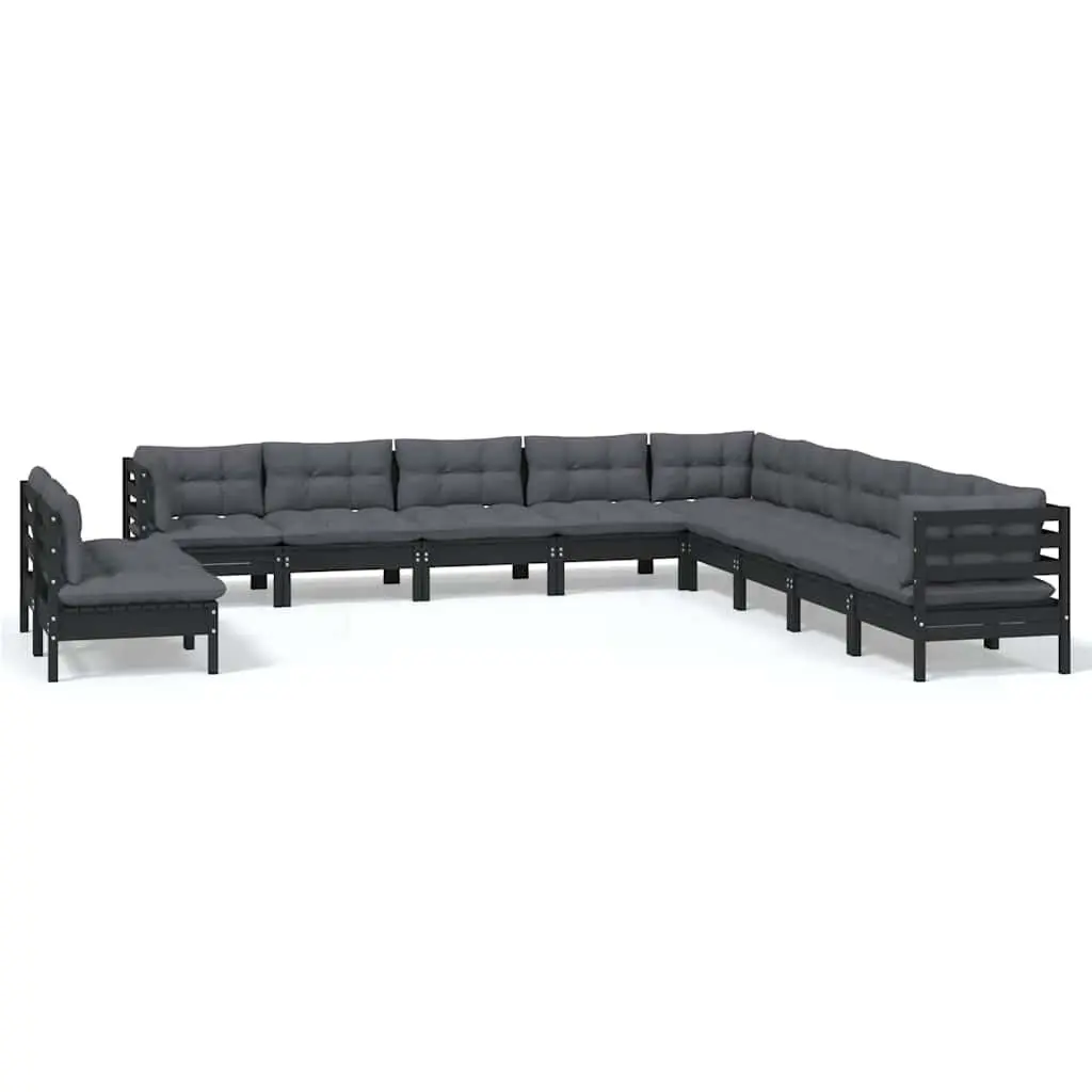 Modular Garden Lounge Set Black 11 Piece Outdoor Furniture Cushioned Solid Pinewood Construction
