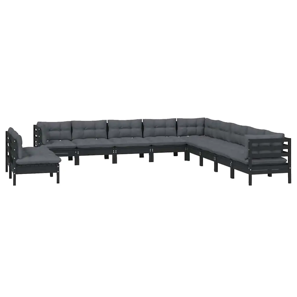 Modular Garden Lounge Set Black 11 Piece Outdoor Furniture Cushioned Solid Pinewood Construction
